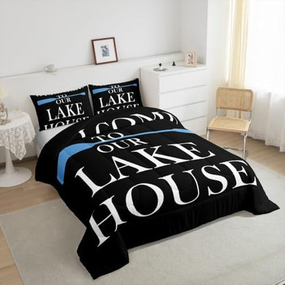 Lake House Comforter Set Full Size, Blue Paddle Lake Camping Bedding Set 3pcs, Rustic Farmhouse Lake Life Black Down Comforter for All Season, Kids Boys Girls Room Decor, 2 Pillowcases, No Sheets