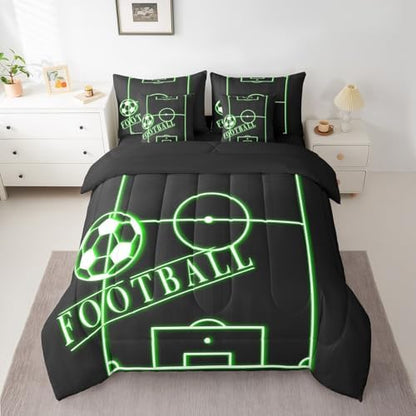 Soccer Bedding King Size 7-Piece for Kids Teens Black Green Comforter Set, Sports Gaming Bedding Comforter Sets Green Football Field Bed in a Bag, Ball Game Bedding Accessories Cozy (Black Reversible)