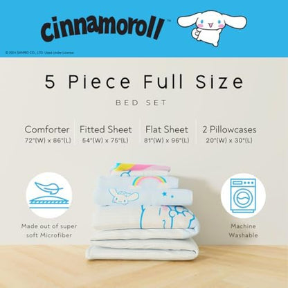 Cinnamoroll Bedding - 5 Piece Full Size Bed Set - Super Soft Microfiber Comforter and Sheet Set, (Officially Licensed Product) By Franco Collectibles