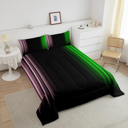 Feelyou Teens Abstract Ombre Decorations Bedding Set for Kids Women Pink Green and Black Comforter Set Geometric Modern Quilt Set Room 3Pcs Queen Size