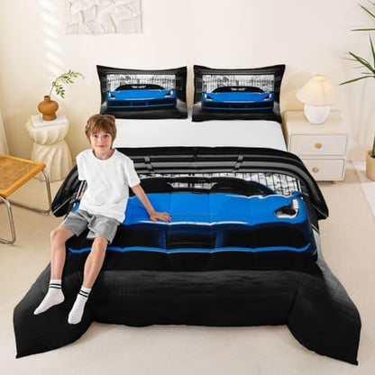 Feelyou Boys Blue Race Car Comforter Set Queen Size Blue Luxury Car Bedding Set for Kids Boys Girls Extreme Sports Duvet Quilt Fast and Furious Bedroom Decor 3 Pcs with 2 Pillow Cases