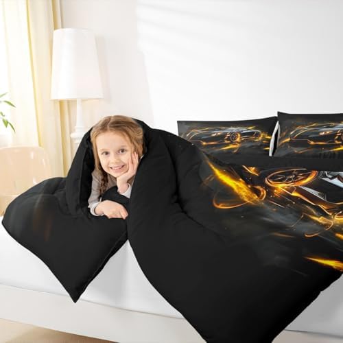 Toddler Race Car Bed for Boys Queen Size,Racing Sport Kids Comforter Bedding Set for Boys Girl,Cool Yellow Black Speed Racing Sports Car Comforter Set,Futuristic Racetrack Extreme Sports Bedding Sets