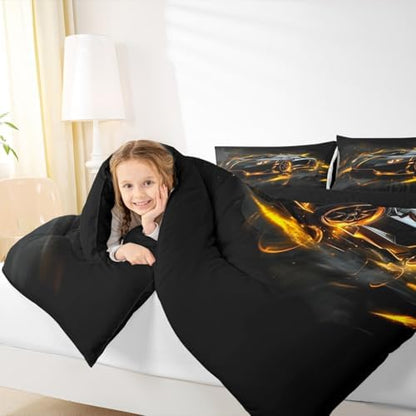 Toddler Race Car Bed for Boys Queen Size,Racing Sport Kids Comforter Bedding Set for Boys Girl,Cool Yellow Black Speed Racing Sports Car Comforter Set,Futuristic Racetrack Extreme Sports Bedding Sets