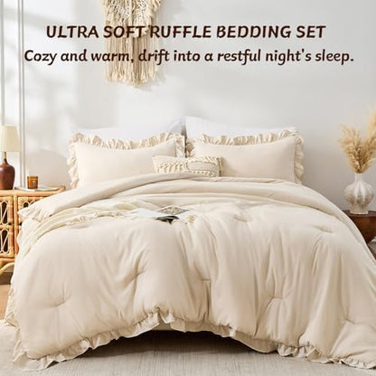 FUANNA Queen Comforter Set, 3 Pieces Bedding Sets, Ruffle Bed Set, Beige