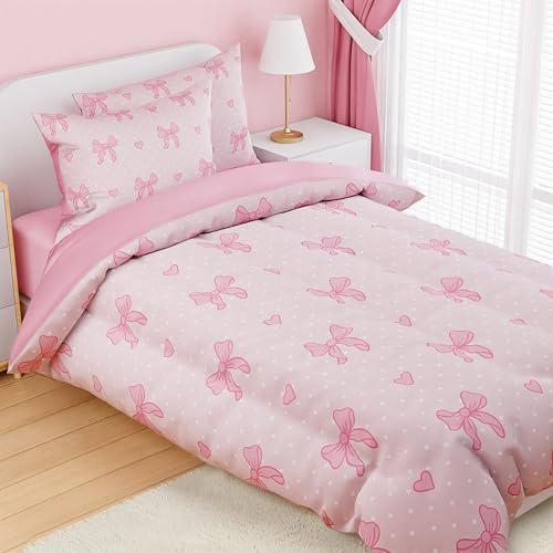 SANDJEST Bow Comforter Set Full Size 98x86in for Kids Girls, Microfiber 4 Pcs Bedding Set Includes 1 Comforter, 2 Pillowcases, 1 Fitted Sheet, Nursery Room Decor
