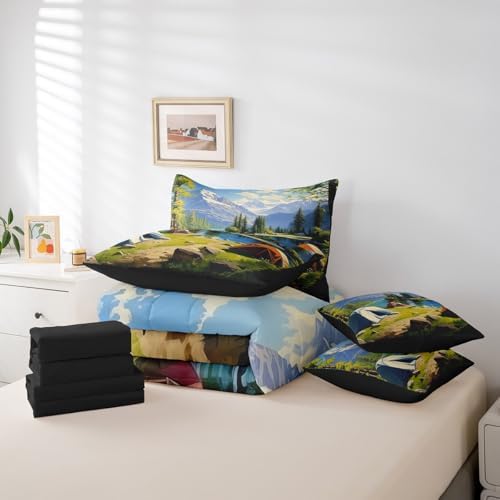 Erosebridal Happy Camping Bed in A Bag with Sheets Queen Camper Accessories 7 Piece Comforter Set Watercolor Cartoon Tents Bedding Set,Campe Woodland Adventure Bedding Comforter Sets