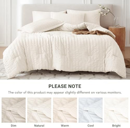 MUXHOMO 7 Pieces Oversized Queen Comforter Set, Seersucker Bed in a Bag Oversized Queen Size, All Season Luxury Bedding Set with Comforter, Flat Sheet, Fitted Sheet, Pillowcases & Shams, Ivory