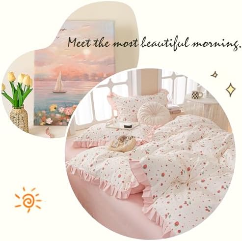 Strawberry Print Comforter Set Pink White Ruffled Bedding Comforter Full Size Soft Fluffy Floral Bedding Set Kawaii Strawberry Fruit Comforter Set for Kids Girls Lightweight and Cozy for All Seasons