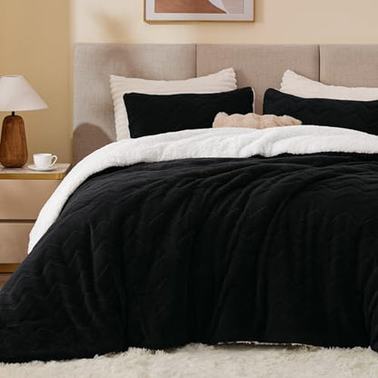 BEDELITE Fluffy Sherpa Full Comforter Set,Black