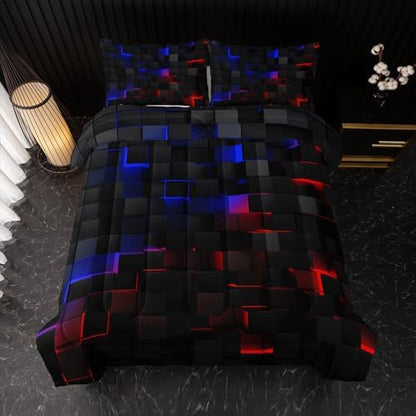 Nttopship Neon Blue and Red Black Comforter Set Twin Geometric Kids Bedding Set,3 PCS Geometry Honeycomb Modern Room Decor Quilt Set 1 Comforter 2 Pillow Cases All Season B-Side Black