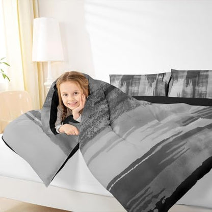 jejeloiu Black Gray Abstract Comforter Set All Season Modern Art Bedding Set with 2 Pillow Cases Splash Ink Abstract Microfiber Kids King Bedclothes Luxury Bedroom Decor Duvet Quilt Breathable Soft