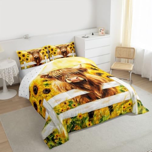 jejeloiu Highland Cow Comforter Set All Season Highland Cattle Bedding Set with 2 Pillow Cases Sunflower Farmhouse Microfiber Kids Full Bedclothes Wildlife Bedroom Decor Duvet Quilt Breathable Soft