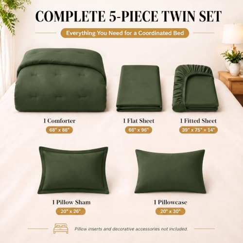 CozyLux Twin Comforter Olive Green, 5 Pieces Bed in a Bag