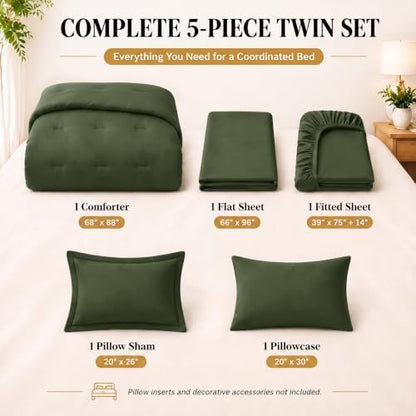 CozyLux Twin Comforter Olive Green, 5 Pieces Bed in a Bag
