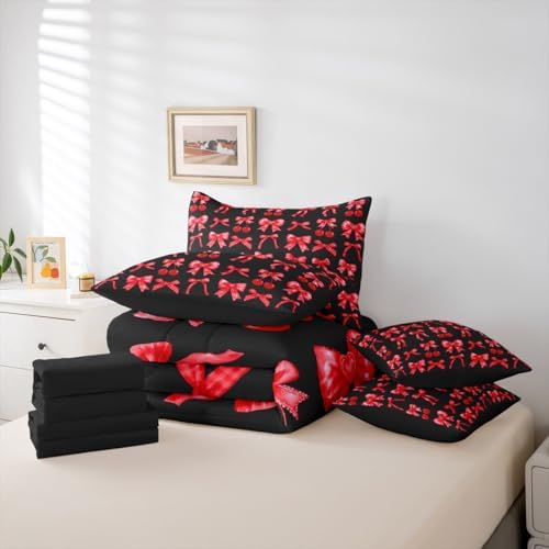 Red Cherry Bow Bed in a Bag King Size Comforter Set 7 Pieces, Cute Silk Ribbon Bowknot Bedding Sets Princess Bow Tie Comforter and Sheet Set, Dreamy Kawaii Room Decor,Girly Red and Black Room Decor