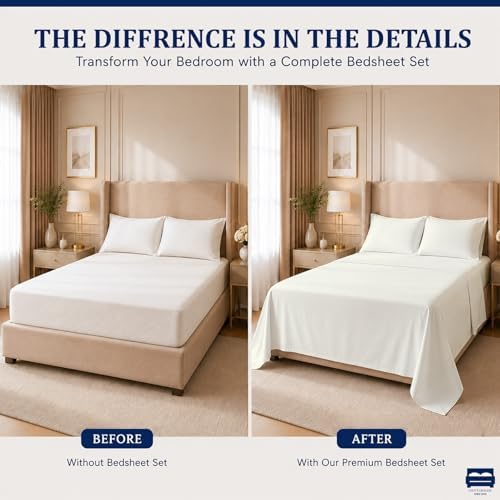 Cottingon 4 Piece Queen Sheets Fits 16" Deep, Egyptian Cotton, Ivory