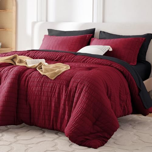 MUXHOMO 7 Pieces Oversized King Comforter Set, Seersucker Bed in a Bag Oversized King Size, All Season Luxury Bedding Set with Comforter, Flat Sheet, Fitted Sheet, Pillowcases & Shams, Red & Black