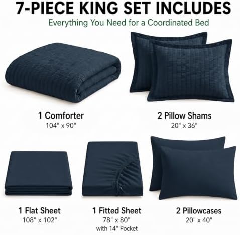 HIMEET King Comforter Set, 7-Piece Seersucker Bed in a Bag, Navy Blue