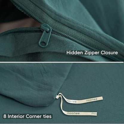 MooMee Bedding Duvet Cover Set 100% Washed Cotton Linen Like Textured Breathable Durable Soft Comfy (Solid Green, King 104"x90")