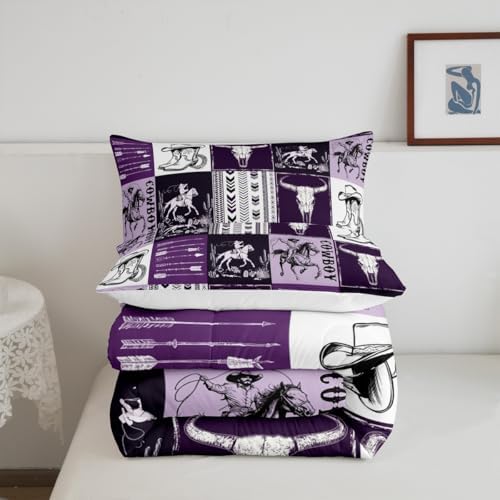 Manfei Cowboy Comforter Set Twin Size, Horse Bull Skull Cowboy Boots Hat Bedding Set 2pcs, Kids Boys Teens Bedroom Decor, Boho Purple Lattice Patchwork Down Comforter Western Quilt Set, 1 Pillowcase