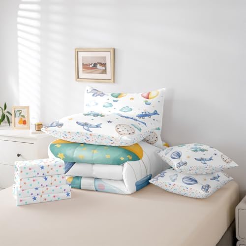 Erosebridal Colorful Hot Air Balloon Queen 7 Pcs Bedding Set, Cute Airplane Aircraft Comforter Set with Sheets for Boys Kids Adults Girls, Cartoon Car Lovely Heart Bed in A Bag, Star Print Bed Sets
