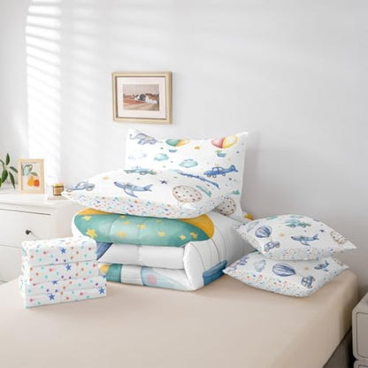 Erosebridal Colorful Hot Air Balloon Queen 7 Pcs Bedding Set, Cute Airplane Aircraft Comforter Set with Sheets for Boys Kids Adults Girls, Cartoon Car Lovely Heart Bed in A Bag, Star Print Bed Sets