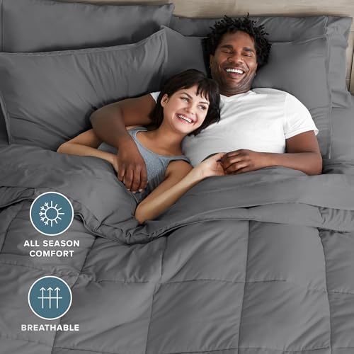 Bare Home Bed-in-A-Bag 7 Piece Comforter & Sheet Set - Split Head King - Down Alternative - Ultra-Soft 1800 Premium Bedding Set (Split Head Flex King, Grey/Grey)