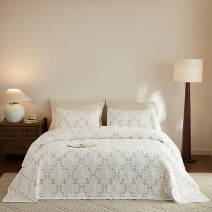 MarCielo 3pcs Cotton Quilt Set Beige Coral Floral