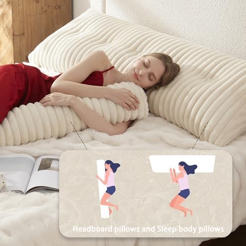 Headboard Pillow + A Long Neck Roll Pillow Body Pillow，Faux Fur Headboard Wedge Pillow with Removable Cover (Beige, Full：54x8x20 inches)