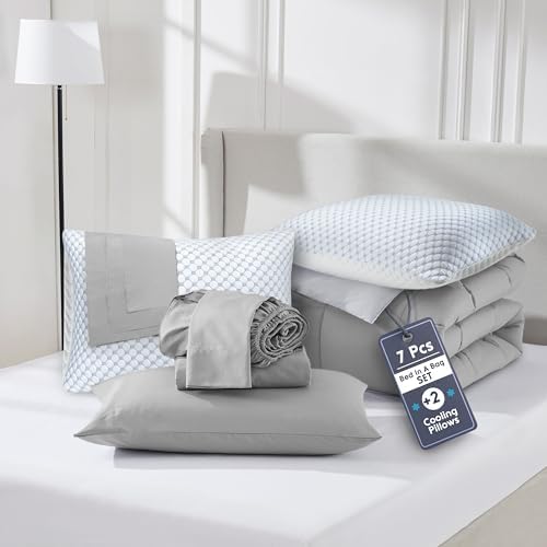 Nestl 9 Piece Full Comforter Set – Grey Reversible Bed in a Bag – Complete Full Size Bedding Set with Sheets, Set of 2 Cooling Pillows, Pillowcases and Shams