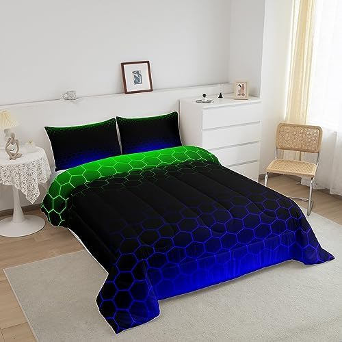 Feelyou Ombre Honeycomb Comforter Set Twin, Green Blue Ombre Hexagon Bedding Set Beehive Hexagon Comforter Kids Toddler Stereoscopic Duvet Set with 1 Pillow Case