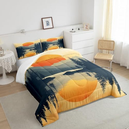 Sunset Bedding Set Twin Size,Mountain River Woodland Comforter Set for Kids Teens Adults Room Decor,Japanese Minimalism Style Duvet Insert 2Pcs,Nature Scenery Lake House Quilt Set,1 Pillowcase