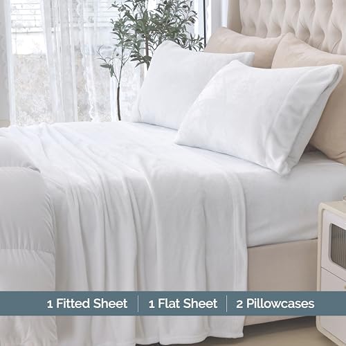 Elegant Comfort Luxuriously Soft 4-Piece Velvet Plush Flannel Sheet Set - Premium Quality - Cozy Warm, Anti-Static, Non Pilling Fuzzy Velvet Flannel Fleece Deep Pocket Sheet Set - Queen, White