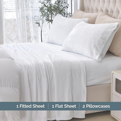 Elegant Comfort Luxuriously Soft 4-Piece Velvet Plush Flannel Sheet Set - Premium Quality - Cozy Warm, Anti-Static, Non Pilling Fuzzy Velvet Flannel Fleece Deep Pocket Sheet Set - Cal King, White