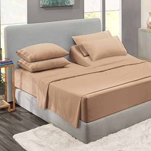 Clara Clark Flex Top King Sheets, 6 Piece Set - Hotel Luxury Sheets for Top Split King Bed, Super Soft Bedding Set, Head Split King Taupe Sand