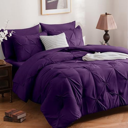 DOWNCOOL King Size Comforter Set, 7 Pieces Purple Pintuck Bed in a Bag
