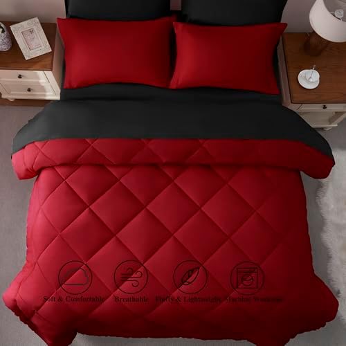 ELNIDO QUEEN® Queen Comforter Set 7 Pieces, Red and Black Bed in a Bag Queen Size, Bed Set All Seasons Bedding Sets with Reversible Comforter, Flat Sheet, Fitted Sheet, Pillowcases and Pillow Shams