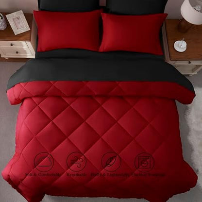 ELNIDO QUEEN® Queen Comforter Set 7 Pieces, Red and Black Bed in a Bag Queen Size, Bed Set All Seasons Bedding Sets with Reversible Comforter, Flat Sheet, Fitted Sheet, Pillowcases and Pillow Shams