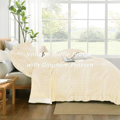 Andency Yellow Gingham Duvet Cover Full, Ruffle Shabby Bedding Set 3 Pcs