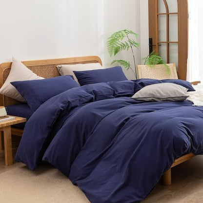 BESTOUCH Cotton Solid Duvet Cover Set Linen Feel Navy Blue Super Queen