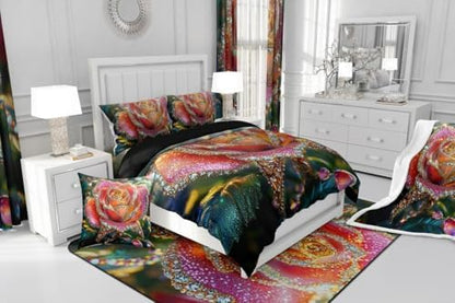 jejeloiu Glitter Rose Comforter Set Full Size Kids Rose Floral Flower Bedding Set for Boys Girls Teens Garden Flower Duvet Breathable Romantic Quilt Bedroom Decor,1 Comforter with 2 Pillowcase