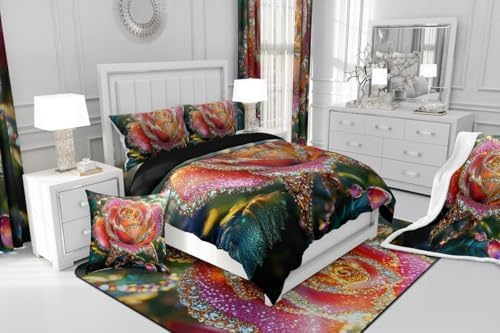 jejeloiu Glitter Rose Comforter Set Queen Size Kids Rose Floral Flower Bedding Set for Boys Girls Teens Garden Flower Duvet Breathable Romantic Quilt Bedroom Decor,1 Comforter with 2 Pillowcase
