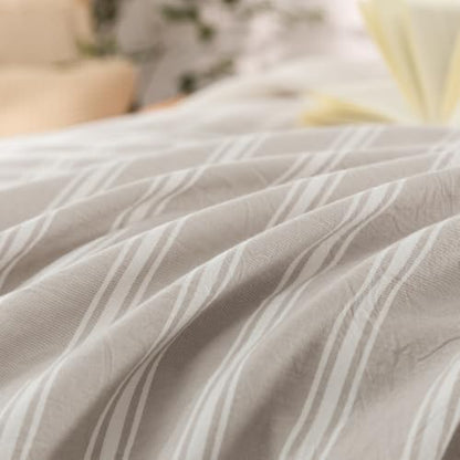 BESTOUCH Striped Cotton Duvet Cover Set Linen Feel Alaska King