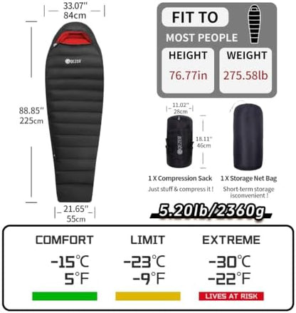 0 Degree Down Sleeping Bag for Adults,Cold Weather Backpacking
