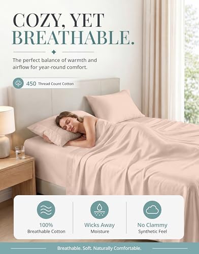 450TC 100% Cotton Twin Bed Sheets - Silky Smooth Sateen Weave, Sepia Rose