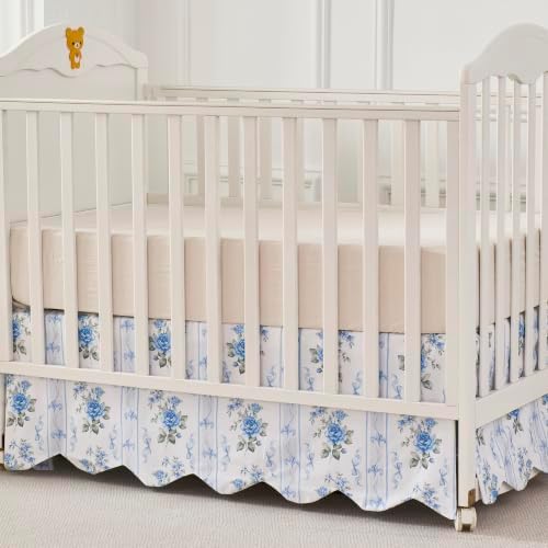 Brandream Scallop Edge Organic Cotton Crib Skirt, Baby Girl Crib Skirt Toddler Bedskirt Farmhouse Chic Nursery Crib Bed Skirt French Vintage Cottagecore with Rose Floral Botanical Stripe Print Skirt