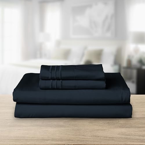 Elegant Comfort Luxurious 1500 Premium Hotel Quality Microfiber Three Line Embroidered Softest 4-Piece Bed Sheet Set, Wrinkle and Fade Resistant, Queen, Black