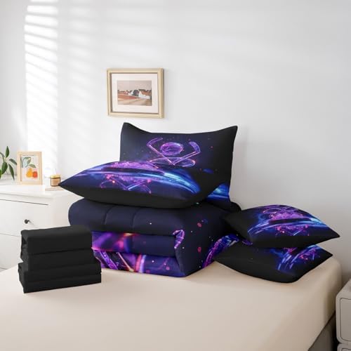 Erosebridal Ice Hockey Twin Bedding Set - Hockey Sports Bed in A Bag,Purple Neon Comforter Sets with Sheets, Sports Style 7 Pieces Bed Set Bedroom Decor