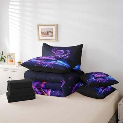 Erosebridal Ice Hockey Twin Bedding Set - Hockey Sports Bed in A Bag,Purple Neon Comforter Sets with Sheets, Sports Style 7 Pieces Bed Set Bedroom Decor