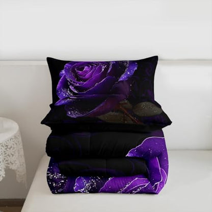 Purple Rose Pattern Comforter Set for Women Adults, Twin Size, 3D Printed Bedding with 1 Pillow Case for All Seasons, Soft Microfiber Inner Filling Duvet Set